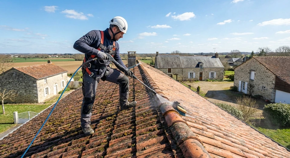Couvreur professionnel en équipement de sécurité (harnais, casque) travaillant sur une toiture en tuiles d'une maison individuelle, effectuant des travaux de nettoyage, démoussage ou rénovation. La scène doit montrer la toiture depuis un angle où l'on voit clairement les travaux en cours et la tuile, avec la maison en arrière-plan et un ciel dégagé. L'artisan doit être clairement identifiable en tant que couvreur par son équipement et son environnement de travail.