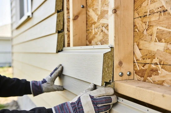 Ext&eacute;rieur d'une habitation avec mur en bardage bois horizontal de couleur naturelle orange