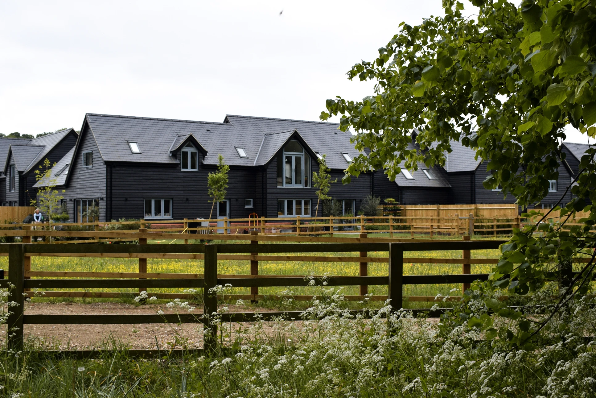 Ouvrier du bâtiment sur échafaudage travaillant à la finition d'une façade de maison moderne avec bardage bois