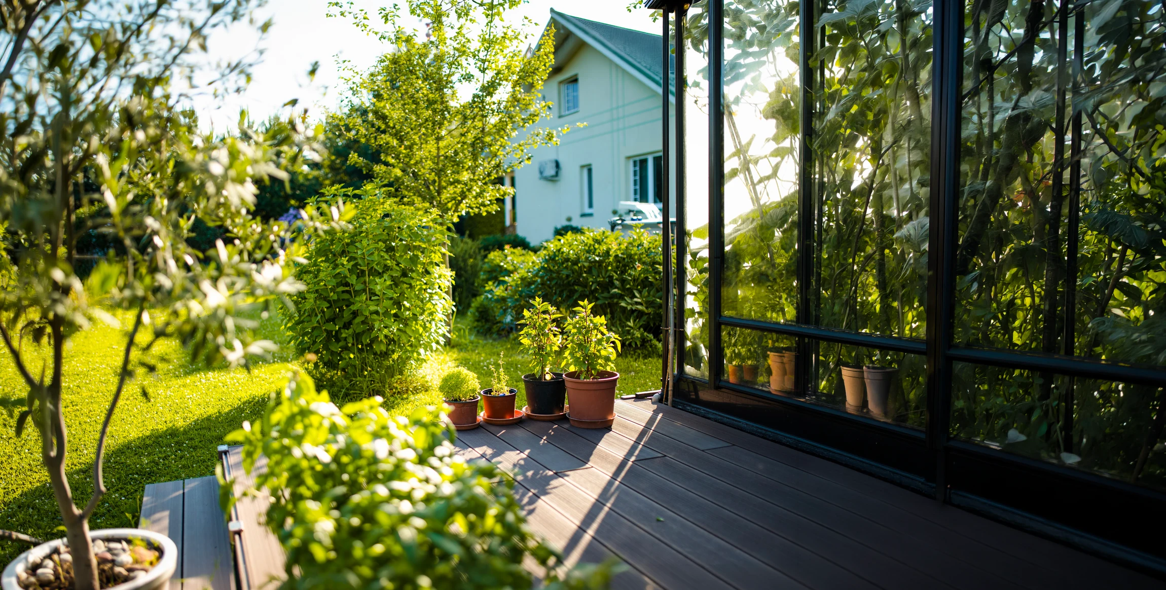 Jardin paysager extérieur avec terrasse en bois composite, bordure de pierres naturelles et plantation mixte de fougères, arbustes persistants et conifères nains contre mur de briques rouges