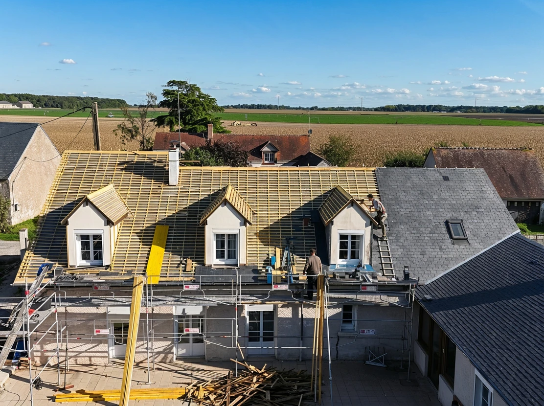 nouveau toit d'une maison de famille, un ouvrier construit un toit de tuiles en céramique