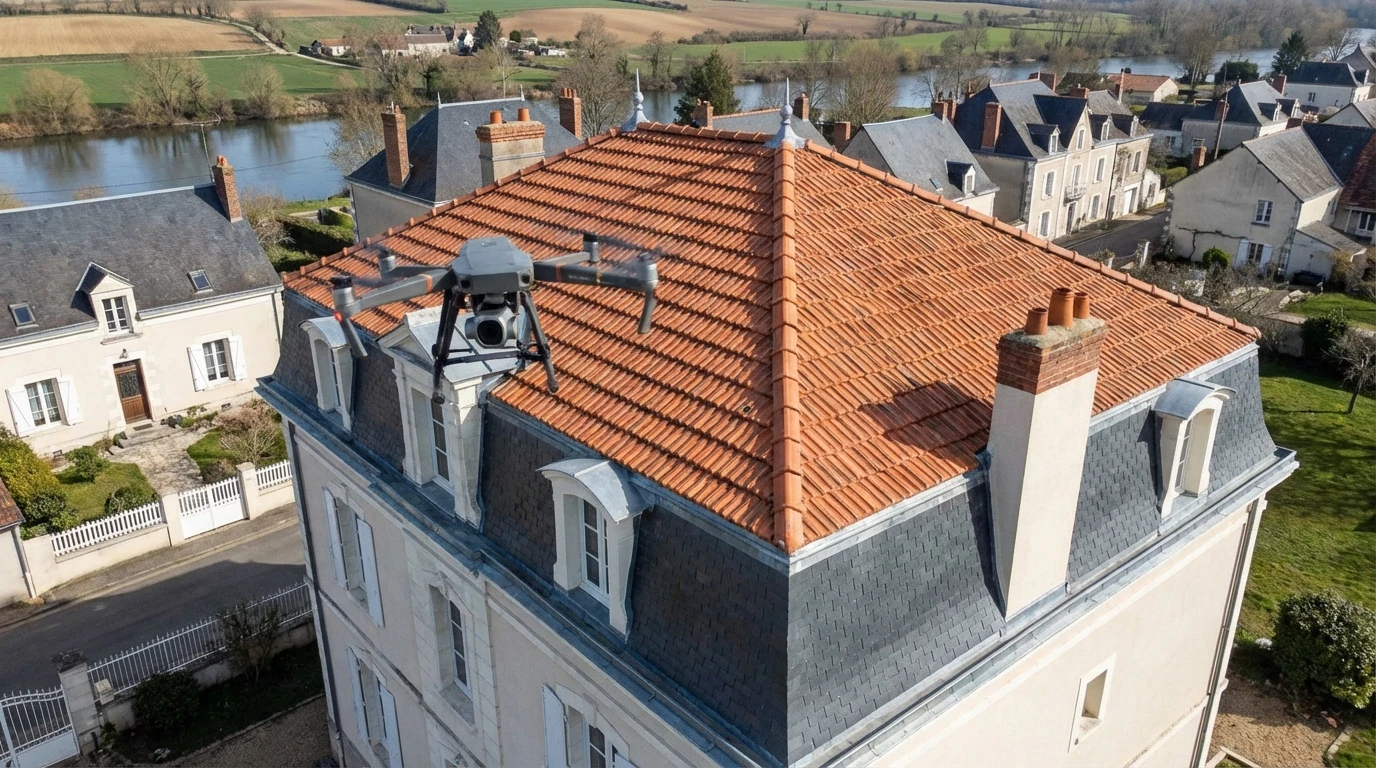 Vue aérienne captée par drone d'une toiture en tuiles terre cuite ou ardoise d'une maison traditionnelle, avec le drone visible en premier plan ou sa perspective clairement identifiable. La toiture doit être bien détaillée, montrant ses éléments constitutifs (tuiles, ardoise, gouttières, cheminée), et la composition doit transmettre la précision diagnostique d'une inspection professionnelle effectuée depuis les airs.